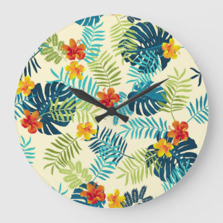 Relógio Grande Tropical Monstera Hibiscus — Padrão de Verão