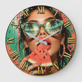 Relógio Grande Tropical Watermelon Paradise Glam Woman Portrait