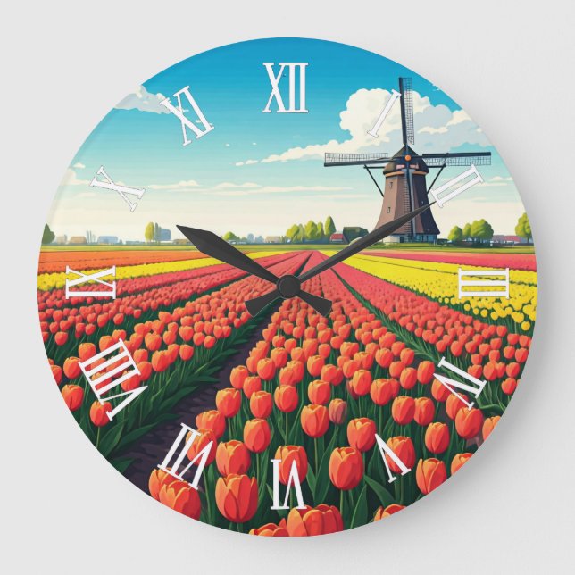 Relógio Grande Tulip Fields Windmill Holland Netherlands (Frente)
