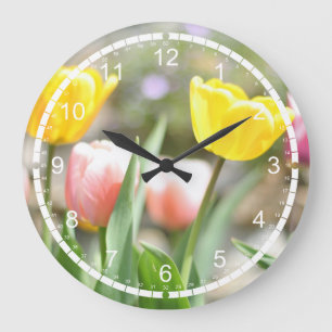 Relógio Grande Tulipas cor-de-rosa e amarelas