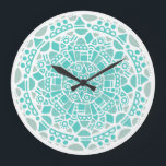 Relógio Grande Turquesa Blue Mosaico White Boho Mandala<br><div class="desc">Relógio bonito com um original azul turquesa e estilo mosaico cinza,  estilo boho bohemian mandala em um fundo branco.</div>