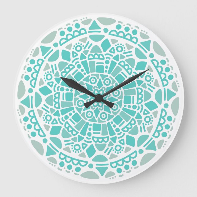Relógio Grande Turquesa Blue Mosaico White Boho Mandala (Frente)