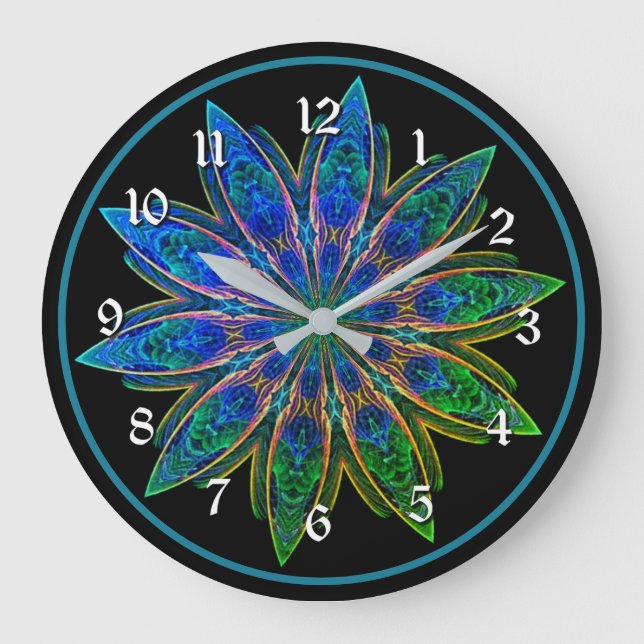 Relógio Grande Turquesa Vibrante Lotus Petals Mandala Round (Frente)