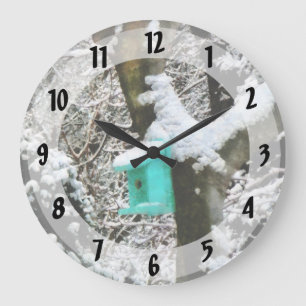 Relógio Grande Turquoise Birdhouse in Winter