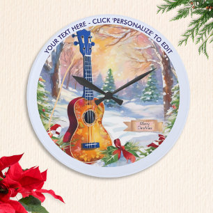 Relógio Grande Ukulele de Inverno na Neve Texto Personalizado Nat