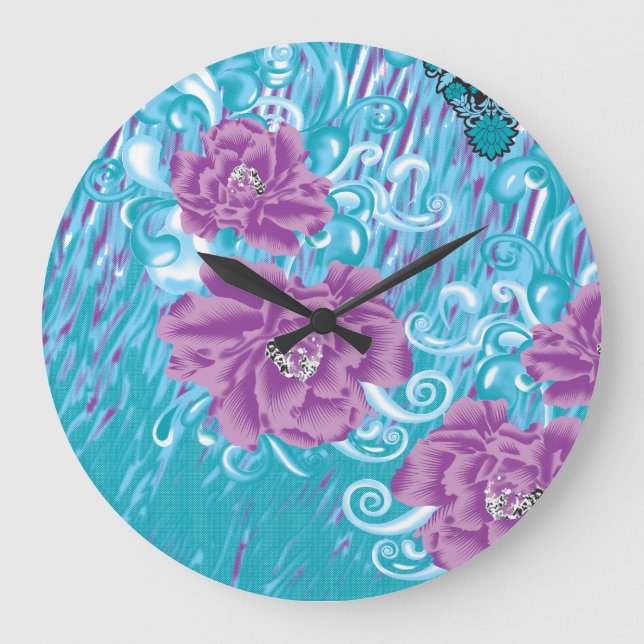 Relógio Grande Um design têxtil vibrante com roxo e turq (Frente)