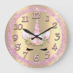 Relógio Grande Unicórnio Face Dourados Números Girly Glitter Sp