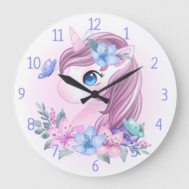 Relógio Grande Unicórnio, Flores e Borboletas (Frente)
