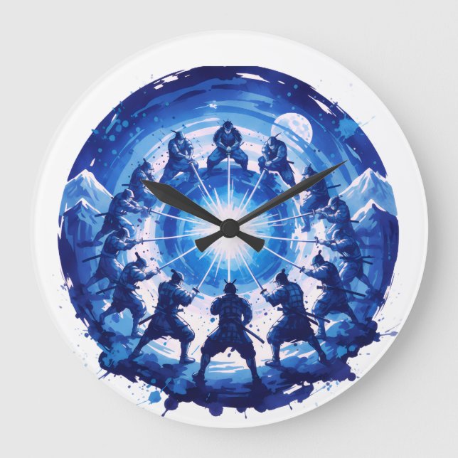 Relógio Grande Unidade Samurai Arte Circular em Tinta Azul Japone (Frente)
