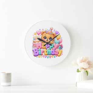 Relógio Grande Ursa de pelúcia fofa Kawaii Feliz Aniversário Rosa