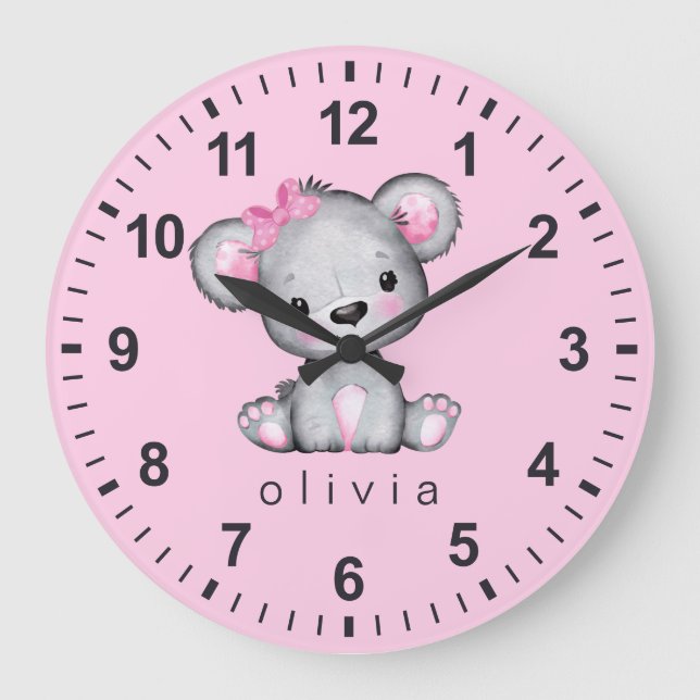 Relógio Grande Ursa de pelúcia personalizada para menina rosa (Frente)