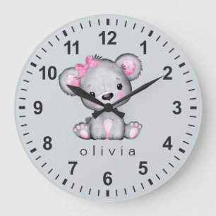 Relógio Grande Urso de Pelúcia Rosa de Menina Personalizado Cinza