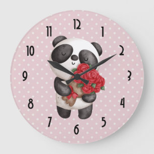 Relógio Grande Urso Panda Bonito com Rose Bouquet