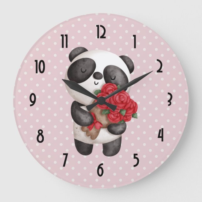 Relógio Grande Urso Panda Bonito com Rose Bouquet (Frente)