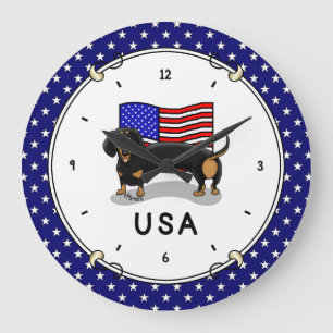 Relógio Grande USA American Flag Dachshund - (preto & tan)