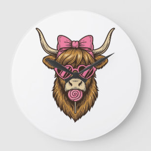 Relógio Grande Vaca Alta Cute com Óculos de Coração Rosa Vetor_1