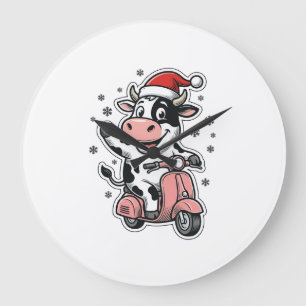 Relógio Grande Vaca de Natal Andando de Scooter Rosa Vetor Vintag