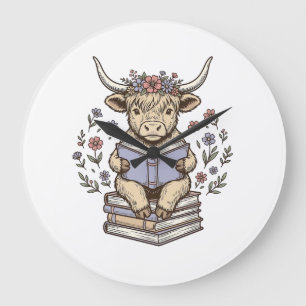 Relógio Grande Vaca Floral de Leitura Fofa Pilha de Livros Design
