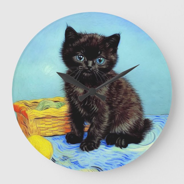 Relógio Grande Van Gogh Black Kitten com Yarn (Frente)