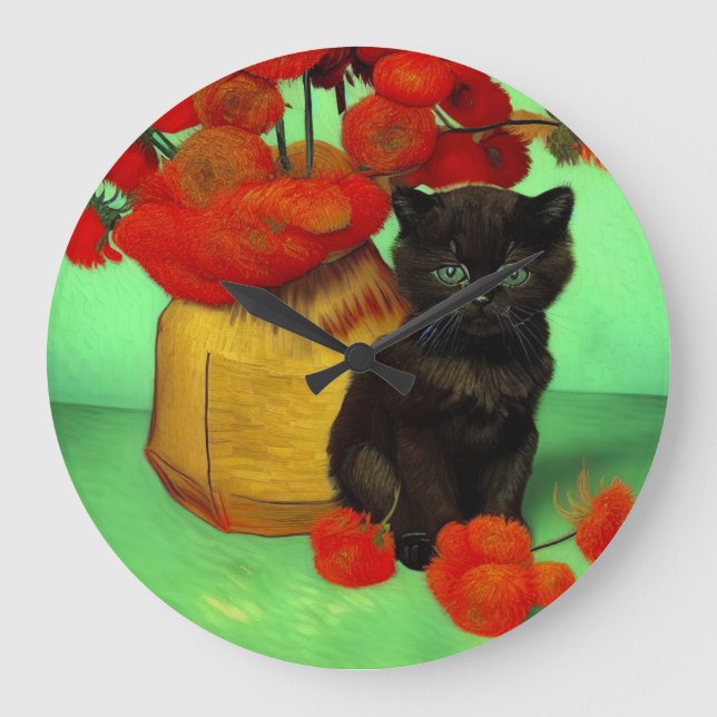 Relógio Grande Van Gogh Black Kitten Red Flowers (Frente)