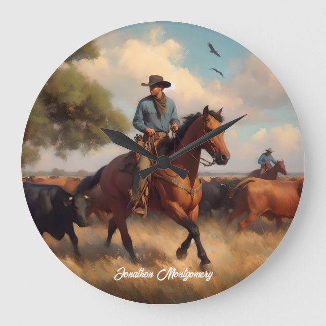 Relógio Grande Vaqueiro Tocando Gado a Cavalo (Frente)
