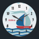 Relógio Grande Veleiro Vermelho e Azul em Ondas de Água, Personal<br><div class="desc">Este relógio redondo apresenta um gráfico de um veleiro giro em ondas de água e o fundo azul claro do céu acentuado com sutis nuvens brancas. O texto personalizável permite personalizar este relógio com um nome.</div>