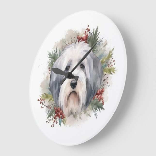 Relógio Grande Velha Inglês Sheepdog Christmas Wreath Festivo Pup (Ângulo)