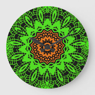 Relógio Grande verde limão Laranja Lace Preto Doily Mandala Snow