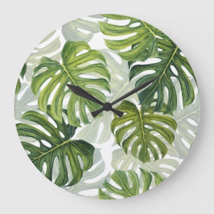 Relógio Grande Verde Monstera Tropical Watercolor