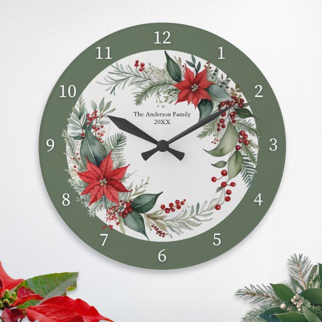 Relógio Grande Verde Natal com Poinsettias Vermelhas Personalizad (A personalized winter wall clock, with red poinsettia flowers and green leaves)