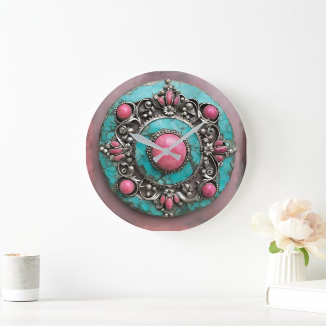 Relógio Grande Verdigris and pink pearl metal art (Lar)