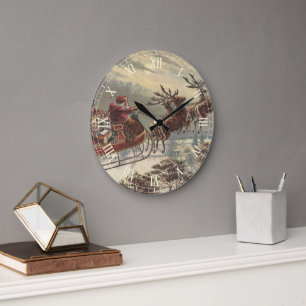 Relógio Grande Véspera de Natal Vintage Santa Claus Sleigh Vitori