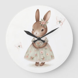 Relógio Grande Vestido Floral de Coelhinho em Aquarela Arte