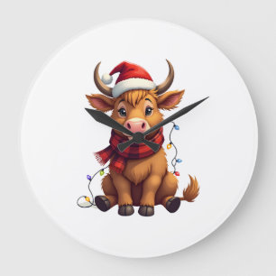 Relógio Grande Vetor de Natal Vintage Vaca das Terras Altas do Na