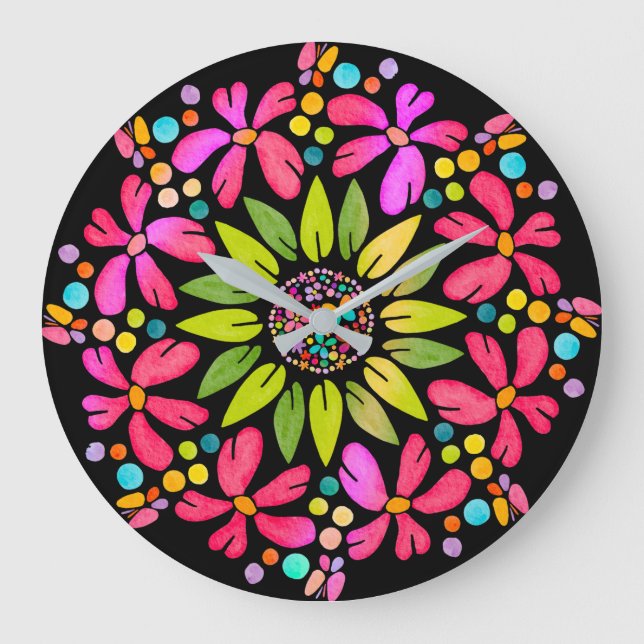 Relógio Grande Vibrant Floral Mandala Design (Frente)