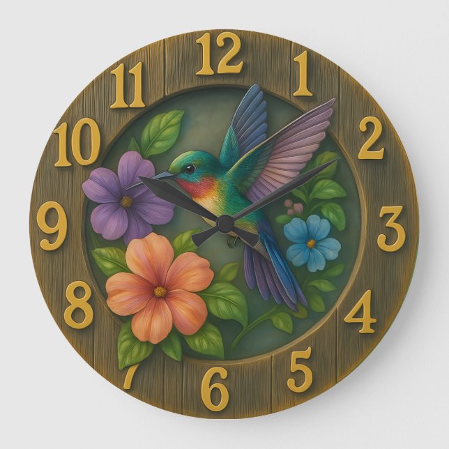 Relógio Grande Vibrant hummingbird garden clock with floral detai (Frente)