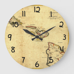 Relógio Grande Vintage 1837 Mapa do Havaí - Ilhas Havaianas