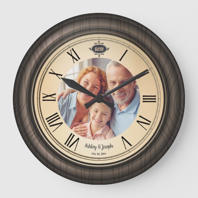 Relógio Grande vintage 50º aniversário - numeração romana madeira (Frente)