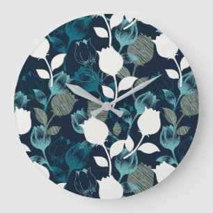 Relógio Grande Vintage azul floral padrão de jardim noturno