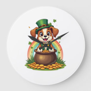 Relógio Grande Vintage Cachorro Lucky Leprechaun Arco-íris Panela