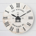 Relógio Grande Vintage da família de fazendeiros modernos russos<br><div class="desc">Nome da Família Personalizada, cidade, estado e ano estabelecidos para o relógio Rustic Modern Wall em um design no estilo de uma fazenda com cara de relógio numeral romana, ilustração de celeiro e design de placa de madeira branca clara/prancha de fundo. Presente perfeito para recém-casados, presente de casamento ou de...</div>