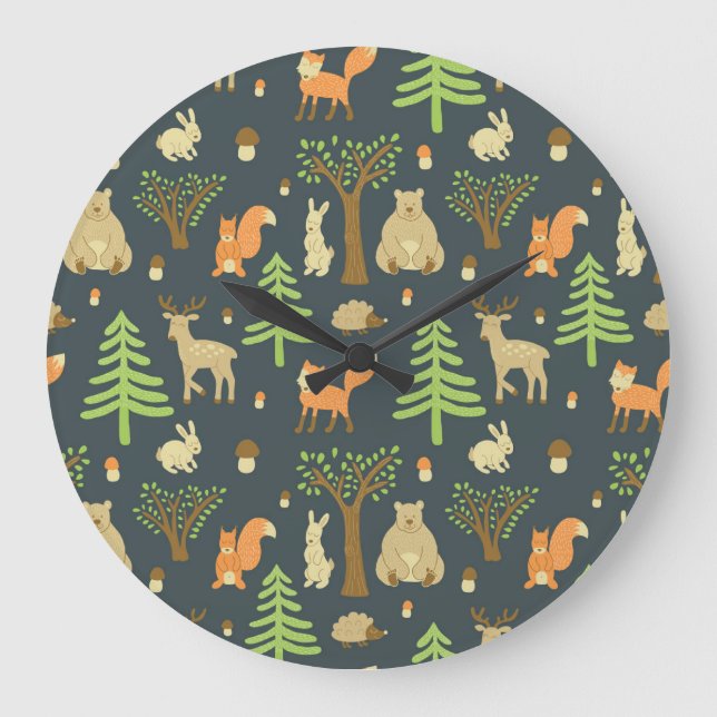 Relógio Grande Vintage Forest Animal, Padrão Infantil. (Frente)