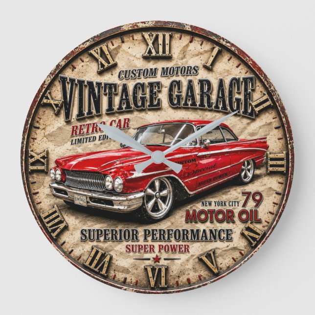 Relógio Grande Vintage Garage Retro Red Classic Car  (Frente)