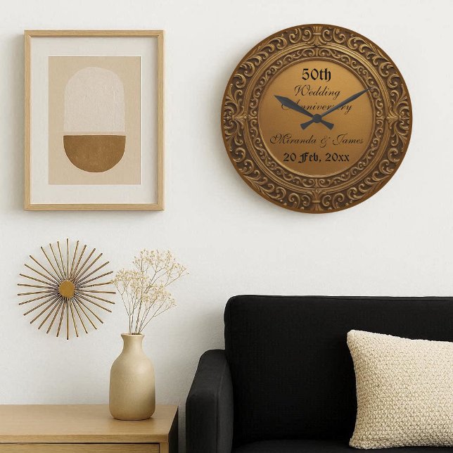 Relógio Grande Vintage Gold Baroque Frame 50 Wedding Anniversary (Vintage Gold Baroque Frame 50 Wedding Anniversary Large Clock)