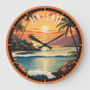 Relógio Grande Vintage Hawaii Sunset Painting Sea Beach Towel