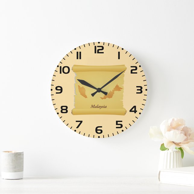 Relógio Grande Vintage Malásia Map Scroll Old World Viagem (Criador carregado)