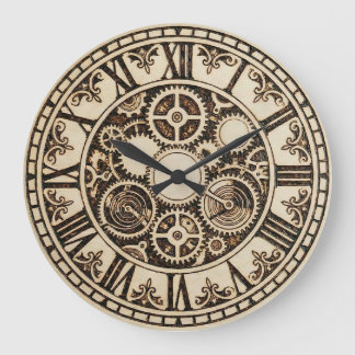 Relógio Grande Vintage Mechanical Gears Wooden Wall Clock