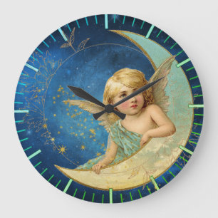 Relógio Grande Vintage Moon Angel em azul celestial e Dourado