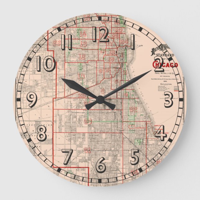 Relógio Grande Vintage Old Map of Chicago - 1893 (Frente)
