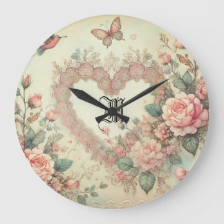 Relógio Grande Vintage Pastel Watercolor Boho Floral Hearts